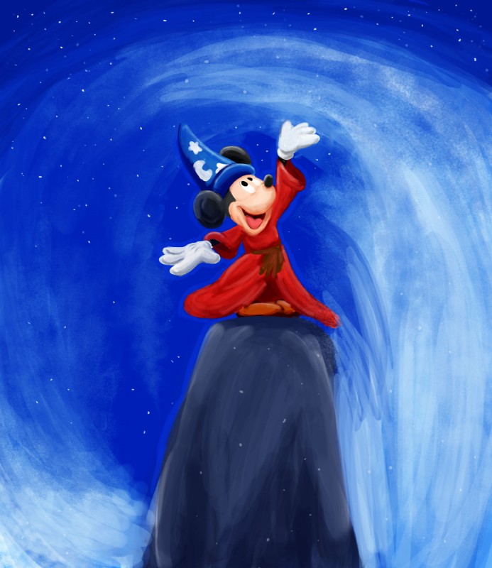 4_fingers anthro biped black_nose clothed clothing fingers footwear gloves handwear hat headgear headwear looking_up night open_mouth open_smile robe rock round_ears shoes sky smile solo standing star starry_sky wave white_clothing white_gloves white_handwear harara disney fantasia the_sorcerer's_apprentice mickey_mouse house_mouse mammal mouse murid murine rodent 2014 digital_media_(artwork) digital_painting_(artwork) hi_res painting_(artwork)