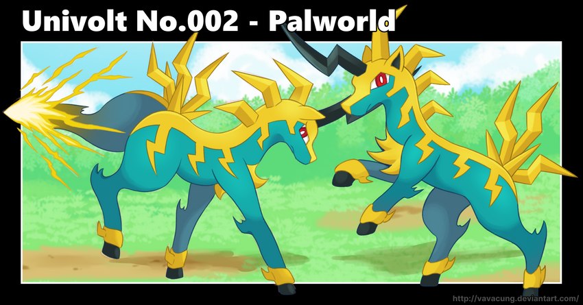 duo electricity featureless_crotch female feral fur green_body green_fur hooves kick lightning male male/female red_eyes simple_background tail yellow_body yellow_fur vavacung palworld pocketpair equid equine horse mammal pal_(species) univolt hi_res