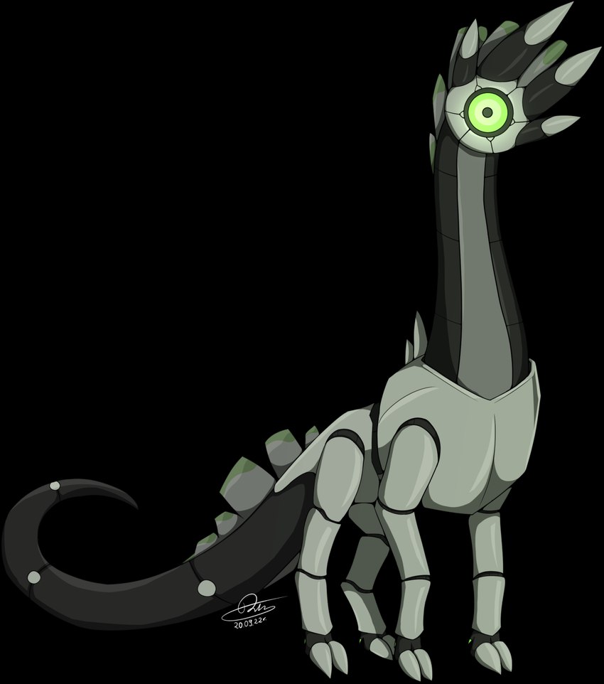 1_eye 4_ears ambiguous_gender black_body black_sclera cloven_hooves countershading dewclaw_hooves feral glowing glowing_eyes green_eyes grey_body grey_countershading hooves long_neck long_tail looking_at_viewer machine mouthless multi_ear quadruped segmented_legs segmented_neck segmented_tail simple_background solo standing synthetic tail thick_tail three-quarter_view toony transparent_background unguligrade unusual_ears very_long_neck wide_eyed dimness 01_(emx) megalurker omnitope robot 2022 alpha_channel cel_shading digital_media_(artwork) hi_res shaded signature nonbinary_(lore)