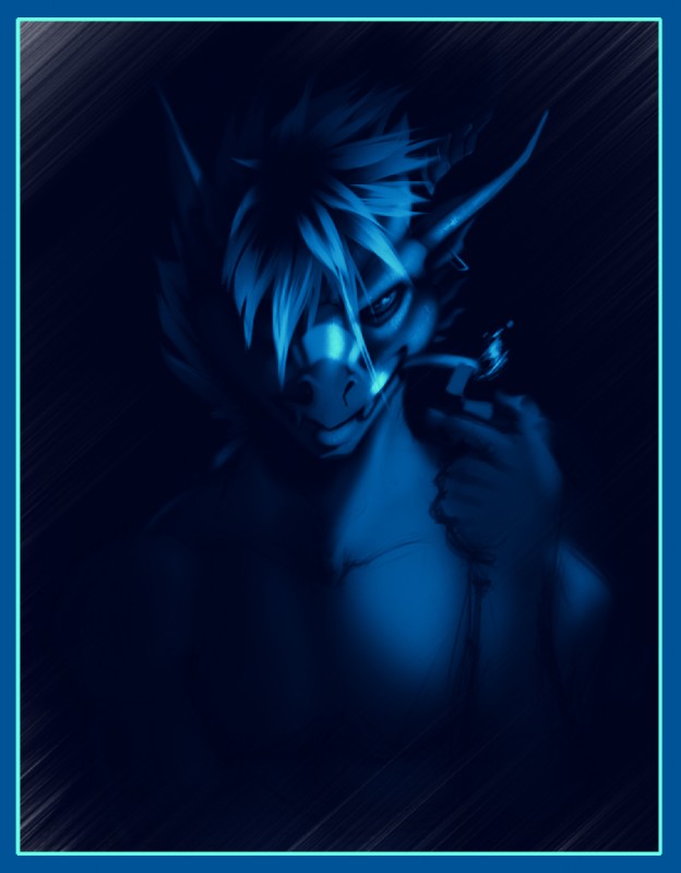 anthro biceps blue_body blue_border border cigarette fur grin hair horn lighter looking_at_viewer male muscular muscular_anthro muscular_male pecs smile smoking solo eyrich mythology schism dragon mythological_creature mythological_scalie scalie 2013 blue_theme cool_colors dark_theme monochrome