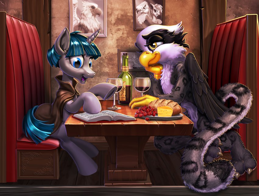 alcohol amber_eyes beverage book bread cloak clothing container cup drinking_glass duo female food furniture glass glass_container glass_cup horn male restaurant table wine wine_bottle wine_glass harwick friendship_is_magic hasbro my_little_pony mythology gilda_(mlp) glenda_(idw) rainbow_dash_(mlp) stygian_(mlp) avian equid equine gryphon mammal mythological_avian mythological_creature mythological_equine unicorn hi_res