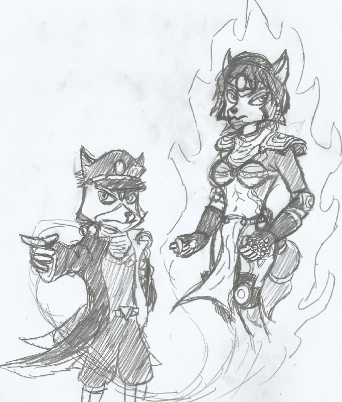 anthro female male parody simple_background acenos jojo's_bizarre_adventure nintendo star_fox fox_mccloud jotaro_kujo krystal_(star_fox) star_platinum canid canine fox mammal stand_(jjba) crossover hi_res meme