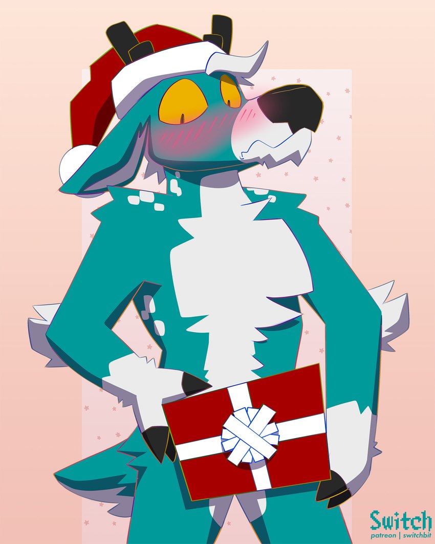 anthro antlers arm_tuft biped black_antlers blush box christmas_clothing christmas_headwear clothing container elbow_tuft embarrassed flustered fur gift_box hair hat headgear headwear holding_box holding_container holding_object holidays hoof_hands horn looking_away male male_anthro santa_hat solo teal_body teal_fur tuft white_body white_fur white_hair yellow_eyes switchbit christmas switchbit_(character) deer mammal 4:5 digital_media_(artwork) hi_res