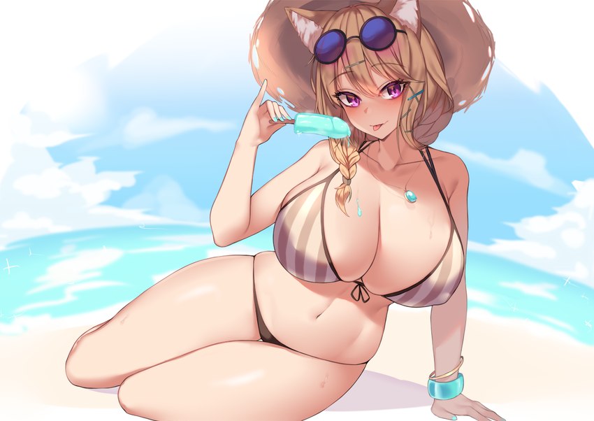 big_breasts bikini blush breasts cleavage clothed clothing eyewear female hat headgear headwear nipple_outline solo sunglasses swimwear two-piece_swimsuit kuavera arknights hypergryph studio_montagne utage_(arknights) animal_humanoid cat_humanoid felid felid_humanoid feline feline_humanoid humanoid mammal mammal_humanoid