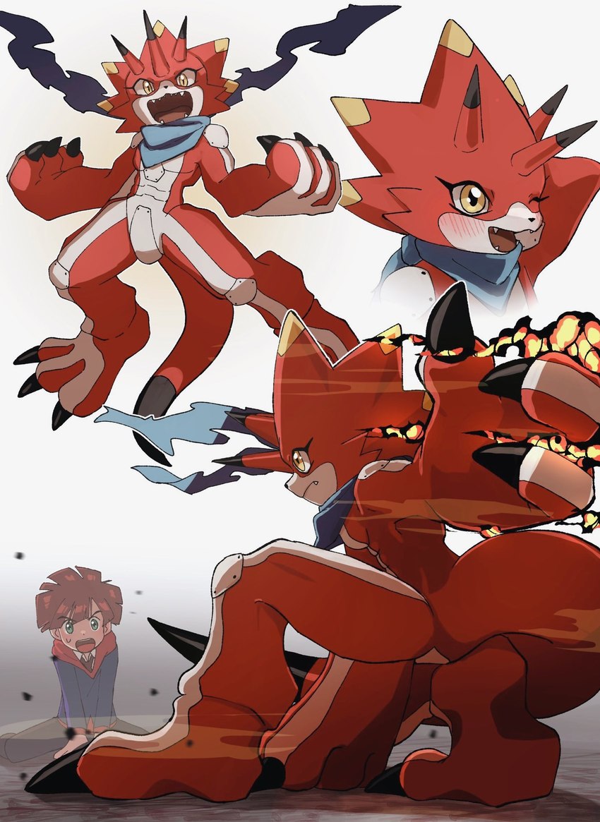 anthro blush brown_hair claws codpiece countershading duo elemental_manipulation fire fire_manipulation hair horn male red_body scarf yellow_eyes takedaconomi2 bandai_namco digimon digimon_ghost_game hiro_amanokawa betelgammamon digimon_(species) human mammal hi_res multiple_images