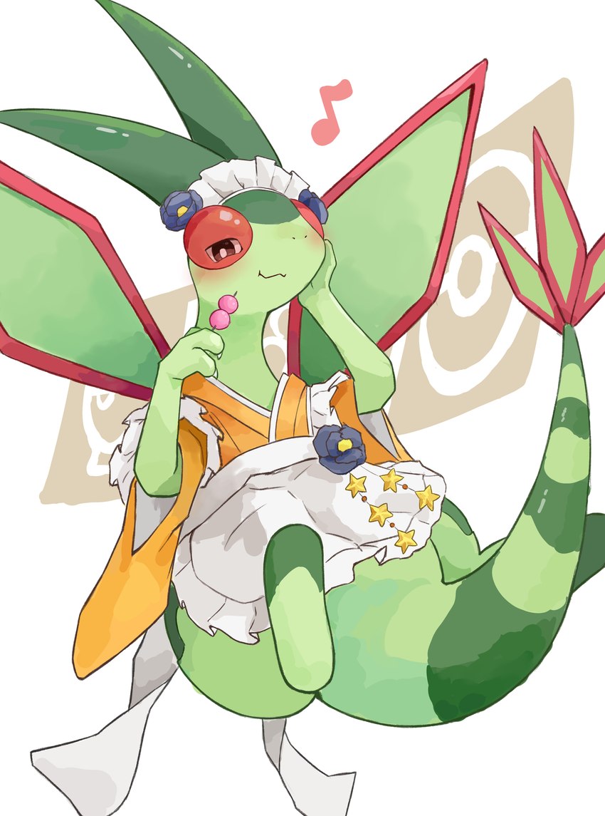 3_fingers ambiguous_gender blush clothing dango_(food) feral fingers flower_accessory green_body green_tail maid_headdress maid_uniform orange_clothing red_eyes solo star_accessory tail uniform white_clothing wings chaco_(illustrattyako) nintendo pokemon pokemon_cafe_remix flygon generation_3_pokemon pokemon_(species) absurd_res hi_res