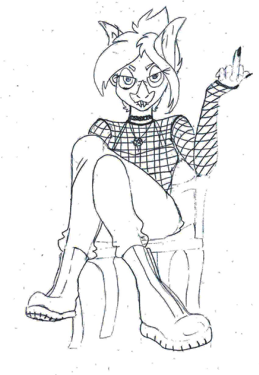 anthro beak biped black_nails boots bottomwear chair choker clothed clothing colored_nails crossed_legs fangs female fishnet_clothing fishnet_topwear footwear foreshortening front_view fully_clothed furniture gesture hair half-closed_eyes hand_gesture jewelry middle_finger nails narrowed_eyes necklace pants pentacle_necklace shoes sitting solo teeth topwear translucent translucent_clothing translucent_topwear jaestring bat mammal compression_artifacts full-length_portrait hi_res portrait sketch