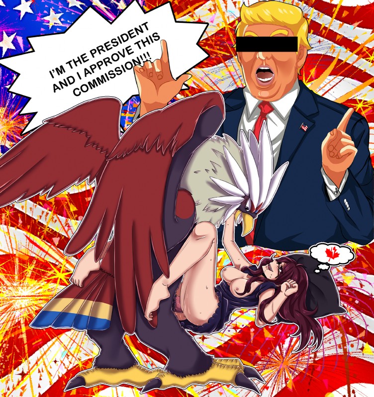 american_flag beak bestiality biting_political_commentary blush breasts clothed clothing duo feathered_wings feathers female female_on_feral female_penetrated feral feral_penetrating feral_penetrating_human fireworks flag genitals hair human_on_feral human_penetrated humor interspecies joke long_hair male male/female male_on_human male_penetrating male_penetrating_female maple_leaf nipples open_mouth penetration penis pokephilia politics pussy sex smile text tongue united_states_of_america vaginal where_is_your_god_now why wings yelling raitvisualworks nintendo pokemon donald_trump trainer_iris accipitrid accipitriform avian bird braviary eagle generation_5_pokemon human mammal pokemon_(species) english_text hi_res lol_comments