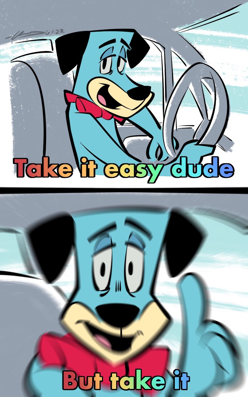 anthro biped black_ears black_nose blue_body bow_tie car dialogue driving inside_car inside_vehicle looking_at_viewer male solo talking_to_viewer text vehicle toonyfando hanna-barbera the_huckleberry_hound_show huckleberry_hound canid canine canis coonhound domestic_dog hunting_dog mammal scent_hound 2022 english_text hi_res meme