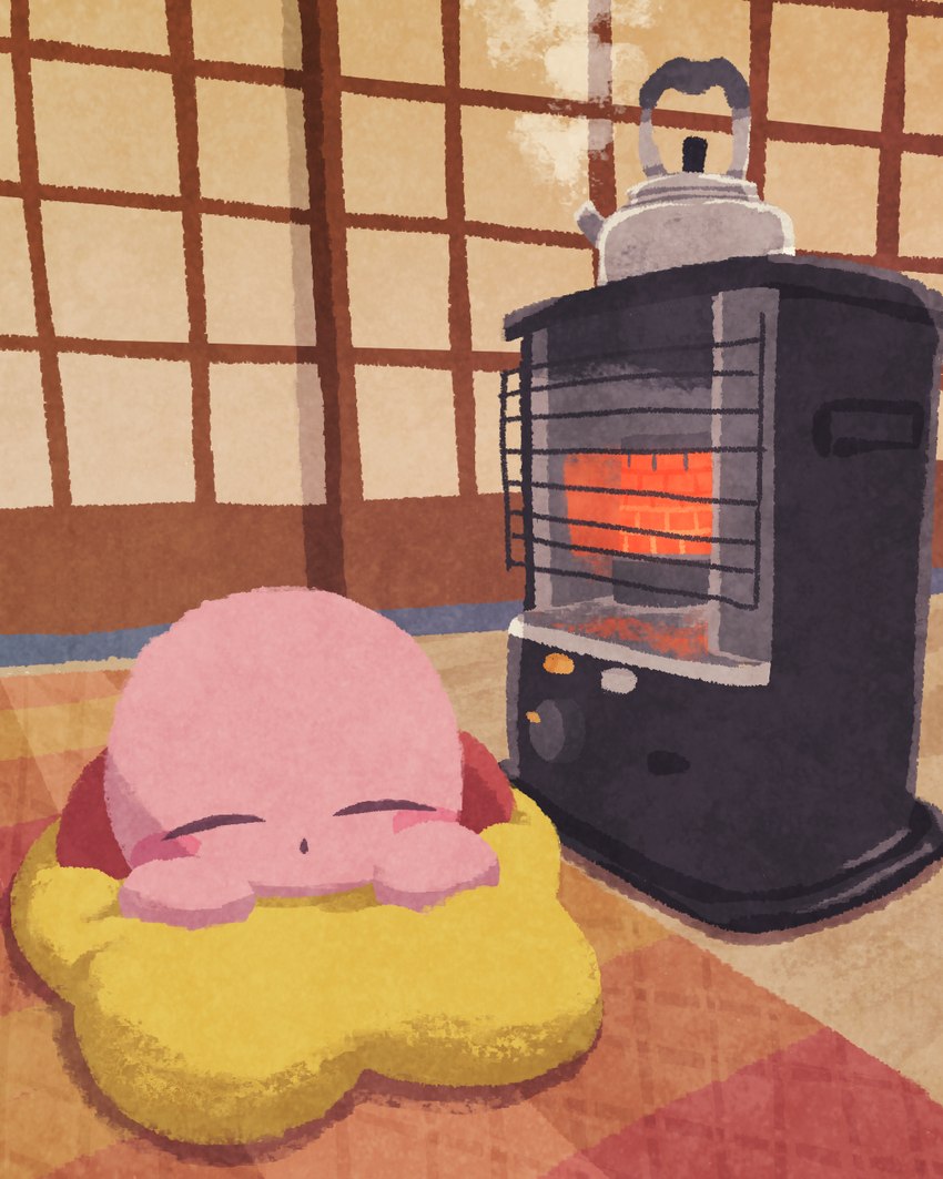 ambiguous_gender bald earless eyes_closed feet floor furniture heater inside japanese japanese_house lying multicolored_body multicolored_skin noseless not_furry nude on_front on_pillow open_mouth pillow pink_body pink_skin red_body red_skin rosy_cheeks round_body rug shadow sleeping solo star_pillow steam wood wood_floor ara_love_kirby kirby_(series) nintendo kirby alien sphere_creature waddling_head 2022 4:5 detailed digital_media_(artwork) hi_res