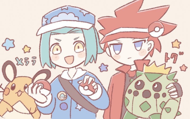 ambiguous_gender blue_hair blush group hair male pokeball red_hair simple_background text yellow_background buke3jp nintendo pokemon cacnea dedenne generation_3_pokemon generation_6_pokemon human mammal pokemon_(species) japanese_text