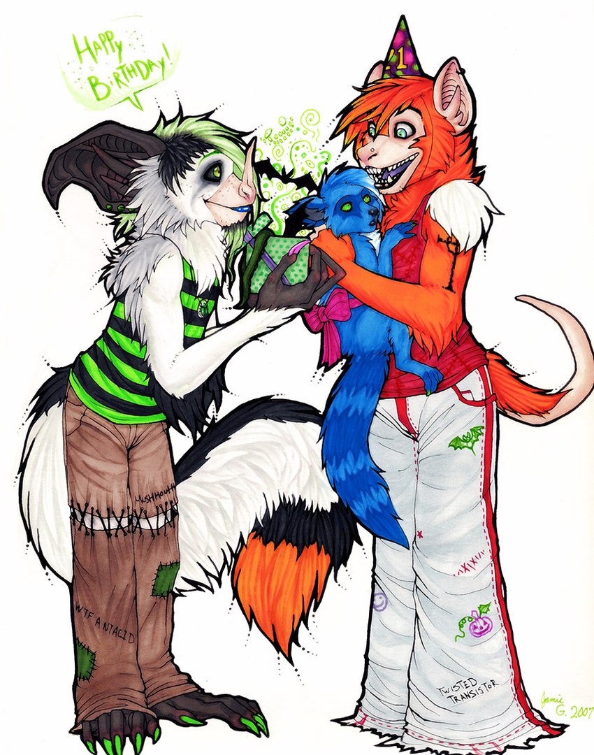 anthro birthday duo female fur glamfur marium orange_body orange_fur tail tattoo psychodjinn fred aye-aye bat lemur mammal primate procyonid raccoon strepsirrhine