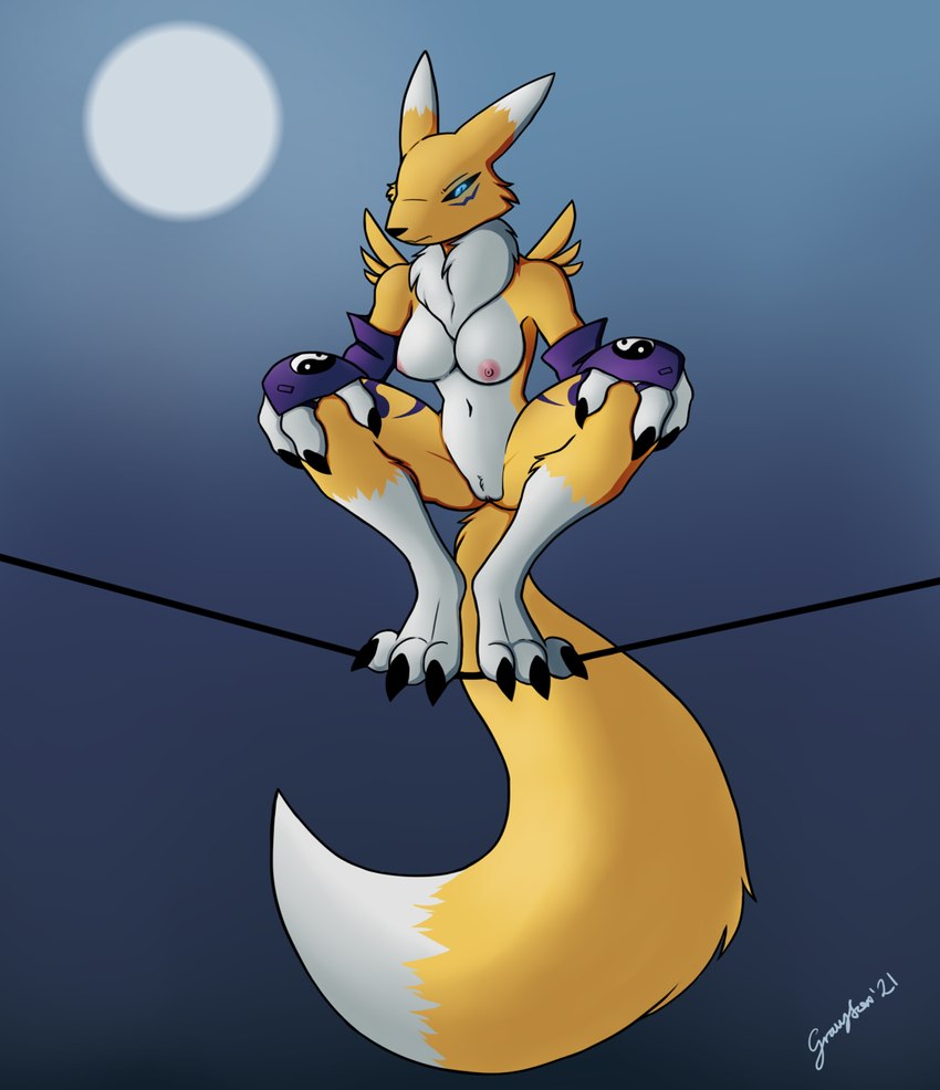 arm_warmers armwear black_sclera breasts clothing female genitals light moon moonlight nude outside pussy sky solo gravyfox bandai_namco digimon canid digimon_(species) mammal renamon hi_res