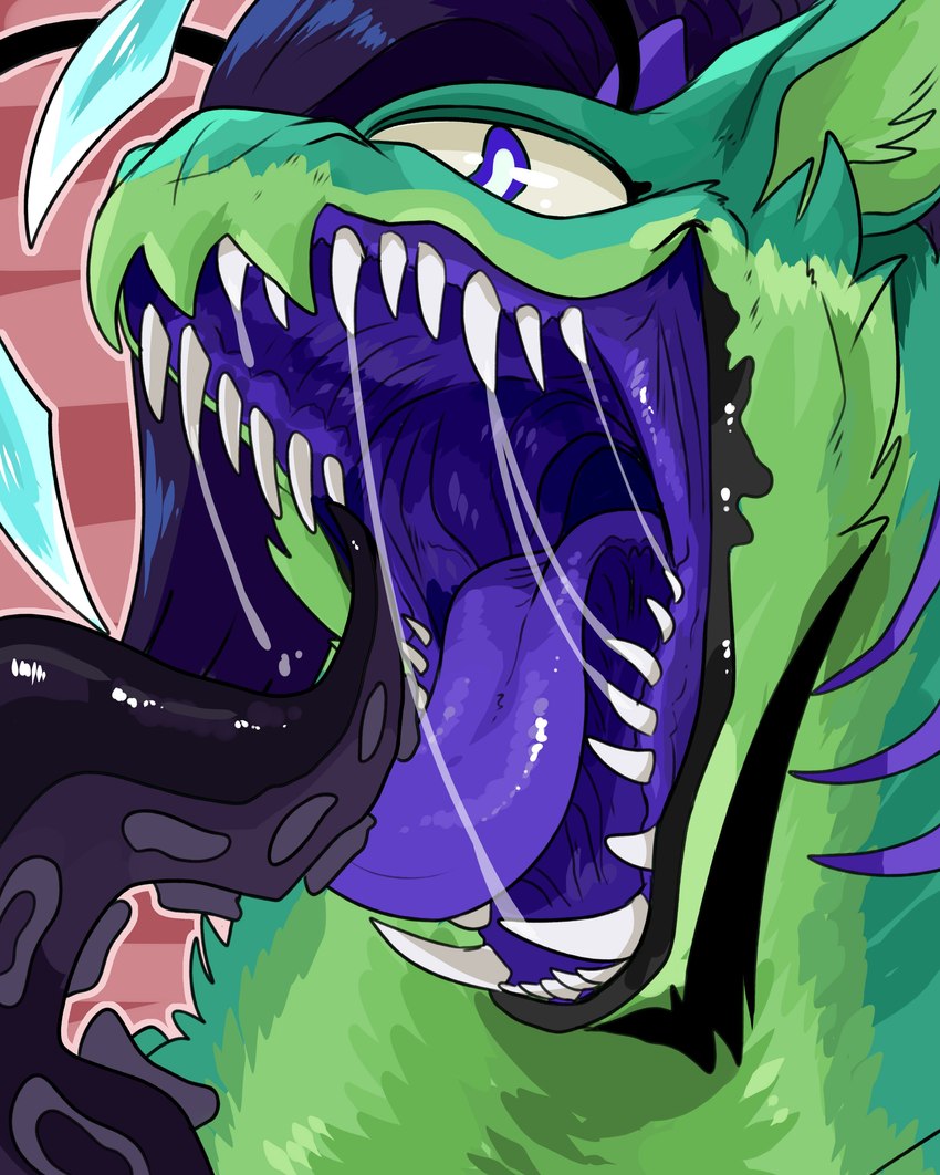 ambiguous_gender antennae_(anatomy) blue_antennae blue_ears blue_eyes blue_inner_ear_fluff bodily_fluids front_view fur glistening glistening_eyes glistening_tongue green_body green_fur hair inner_ear_fluff looking_at_viewer mouth_shot open_mouth purple_hair purple_tongue saliva saliva_string sharp_teeth solo teeth tentacles tongue tuft imperatorcaesar absurd_res hi_res