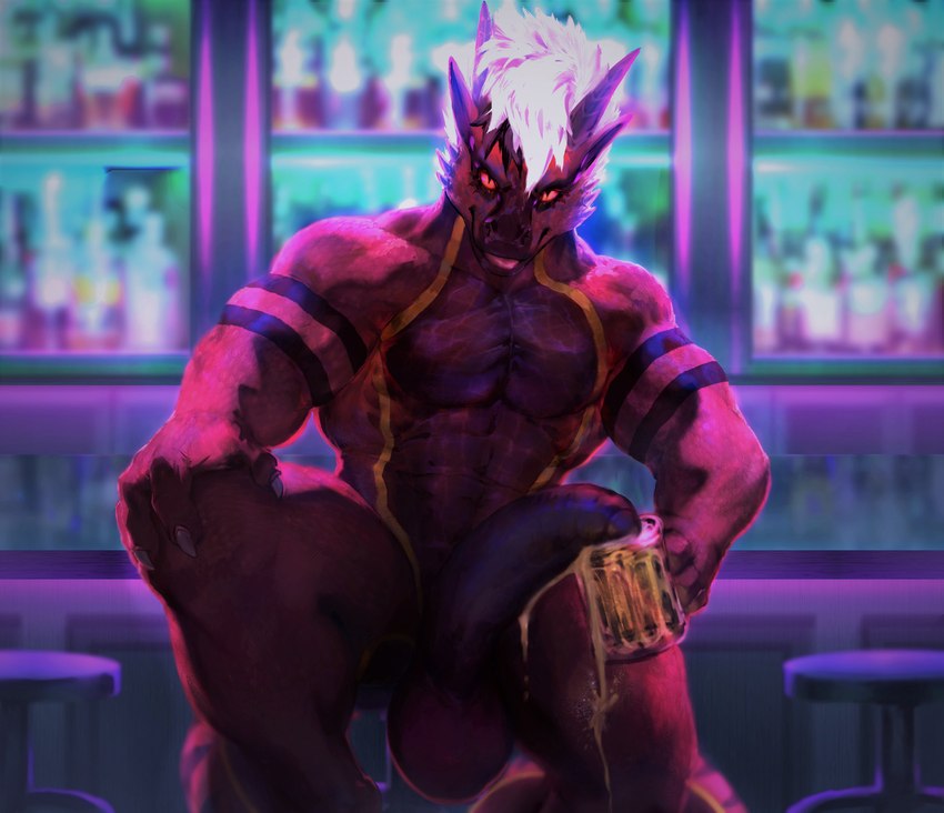 alcohol anthro balls bar beverage biceps big_balls big_muscles big_penis black_body black_countershading black_penis bodily_fluids chair chin_spikes claws countershade_torso countershading facial_spikes fingers flaccid foreskin furniture genitals hair horn huge_balls huge_penis humanoid_genitalia humanoid_penis lights looking_at_viewer male multicolored_body multicolored_penis multicolored_scales muscular muscular_anthro muscular_male nude orange_body orange_countershading partially_retracted_foreskin penis pupils red_balls red_body red_scales red_sclera scales seat sitting slit_pupils solo spikes spikes_(anatomy) spilled_drink tail tongue tongue_out two_tone_body white_claws white_hair dust_yang mythology gariyuu dragon mythological_creature mythological_scalie reptile scalie wingless_dragon absurd_res digital_media_(artwork) hi_res