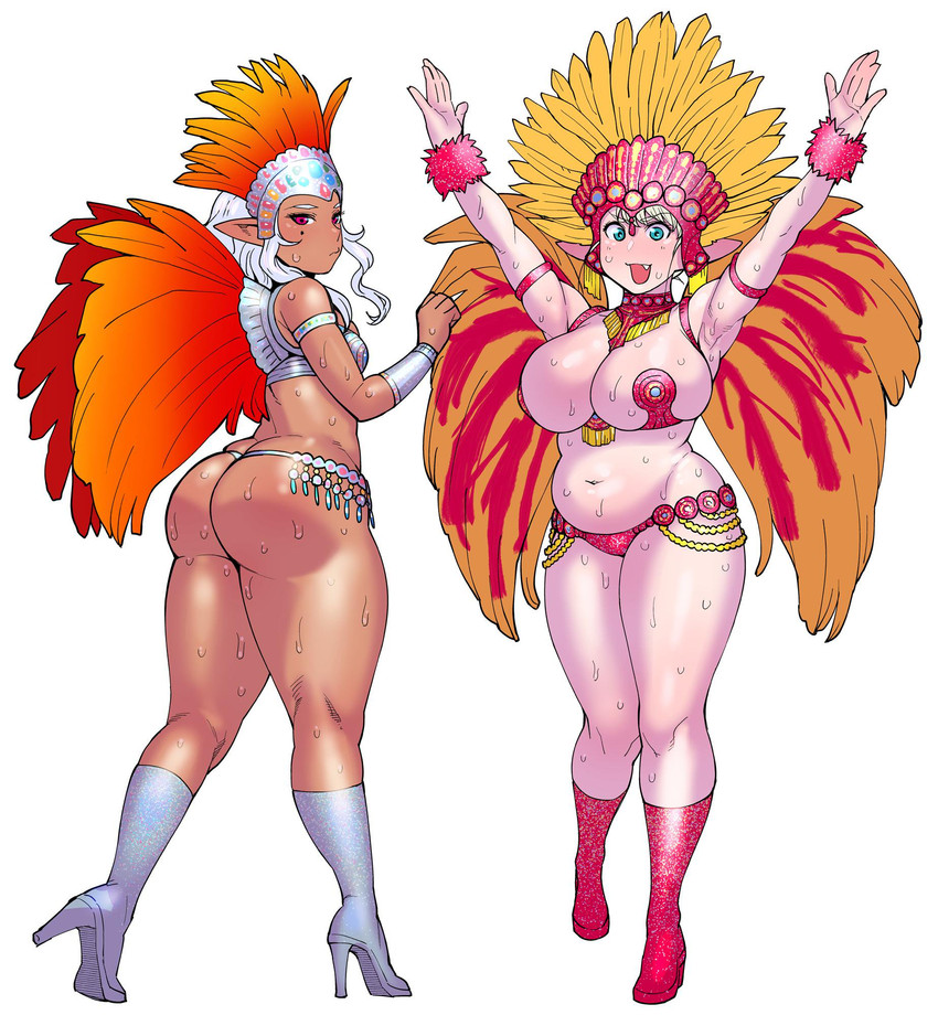 big_breasts big_butt bodily_fluids breasts butt butt_pose cleavage clothed clothing dark_body dark_skin duo feathers female hair holidays looking_back markings mole_(marking) not_furry pose potbelly samba samba_dancer samba_outfit simple_background slightly_chubby standing sweat thong tight_clothing underwear white_background white_hair wide_hips synecdoche brazilian_carnival carnival_(holiday) plus-sized_elf elfuda_(plus-sized_elf) kuroeda_(plus-sized_elf) dark_elf elf humanoid hi_res