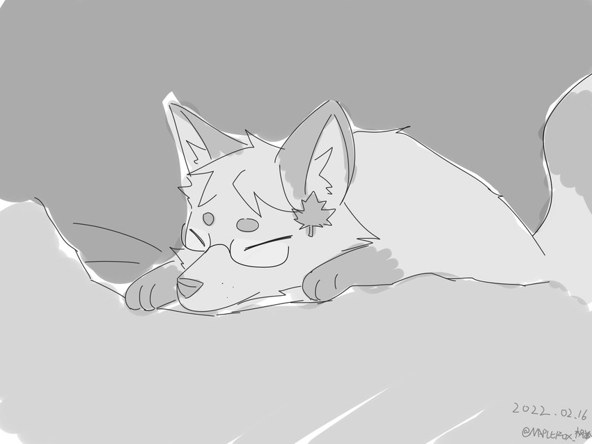 black_tip_tail black_tipped_ears eyes_closed eyewear glasses grey_background lying male maple_leaf simple_background simple_coloring simple_eyes sleeping solo tired maplefox canid canine fox mammal 4:3 black_and_white hi_res monochrome sketch