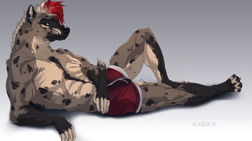 abs anthro biceps black_nose blonde_hair body_hair boxer_briefs brown_body brown_ears brown_fur bulge chest_hair chest_scar chest_tuft claws clothing dark_body dark_fur ear_piercing feet finger_claws fingerless_(marking) fingers fur grey_eyes hair light_body light_fur light_hair lying male markings multicolored_body multicolored_fur muscular muscular_anthro muscular_legs muscular_male nipple_piercing nipples on_back pawpads paws pecs piercing red_clothing red_hair red_underwear scar simple_background solo spots spotted_body spotted_fur text toe_claws toeless_(marking) toes tuft underwear epic_soul kaiden_(epic_soul) hyena mammal spotted_hyena 16:9 digital_media_(artwork) widescreen