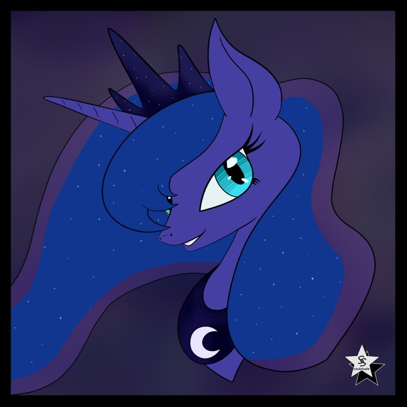 black_border blue_body blue_eyes blue_fur blue_hair border crown female feral fur hair headgear horn long_hair looking_at_viewer smile solo teal_eyes wodahseht friendship_is_magic hasbro my_little_pony mythology princess_luna_(mlp) equid equine mammal mythological_creature mythological_equine unicorn 1:1 2014 hi_res