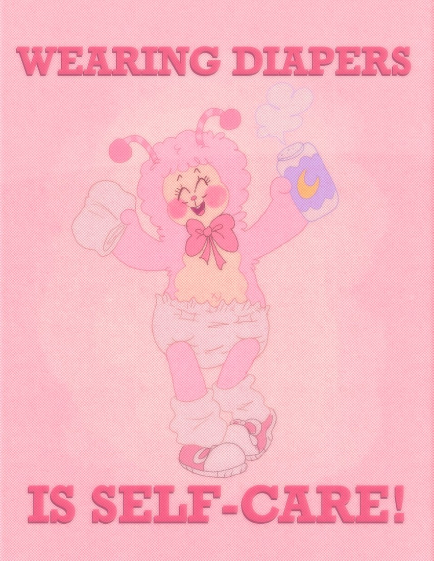 ambiguous_gender antennae_(anatomy) anthro baby_powder bow_tie clean_diaper clothed clothing diaper eyes_closed folded_diaper footwear fur holding_diaper leg_warmers legwear open_mouth pink_background pink_body pink_fur shoes simple_background smile solo standing tan_body tan_fur text touching_diaper wearing_diaper kippinz species_request english_text hi_res