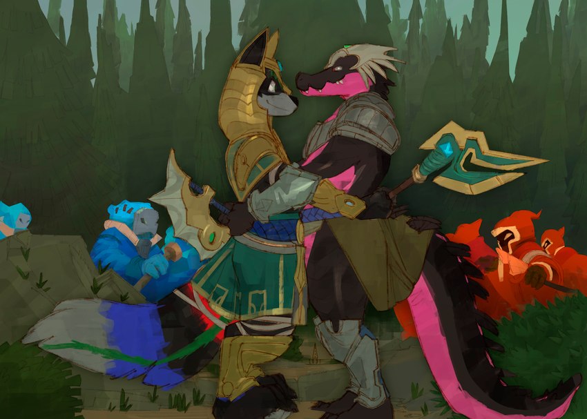 anthro armor blush cosplay duo embarrassed eye_contact fur grin hug looking_at_another male male/male multicolored_body multicolored_fur reptilian_tail smelly smile tail thick_tail loki_lemuria akeru skunkor alligator alligatorid crocodilian mammal mephitid reptile scalie skunk absurd_res hi_res