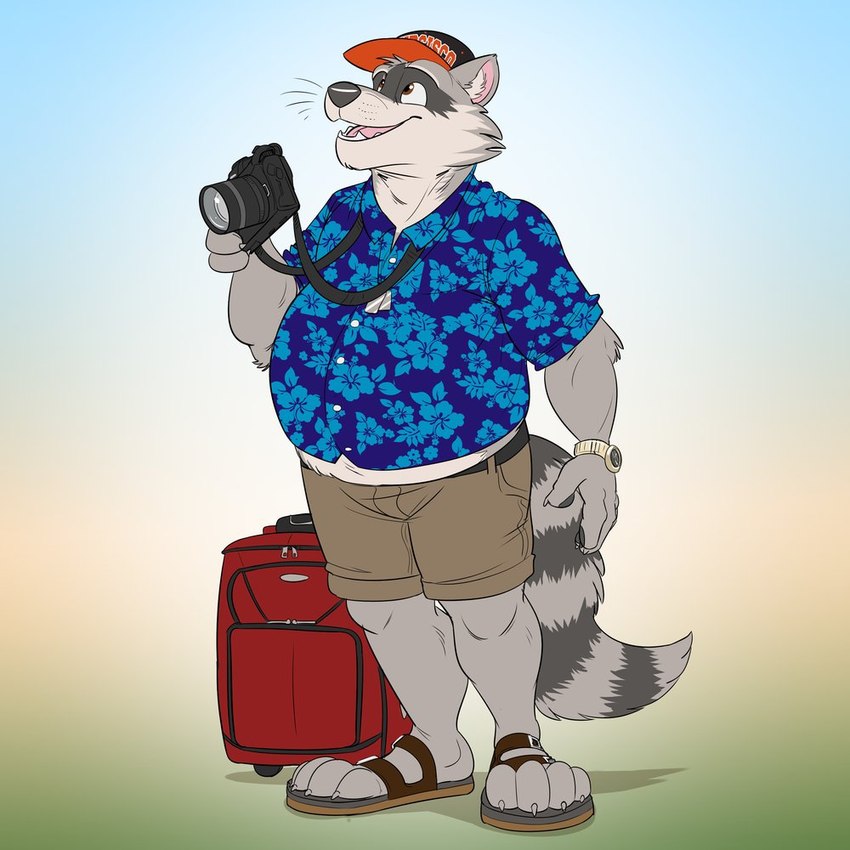 4_fingers 4_toes aloha_shirt anthro barefoot baseball_cap belly black_nose blue_clothing blue_shirt blue_topwear bottomwear brown_eyes camera clock clothing feet fingers flip_flops footwear fur grey_body grey_fur hat headgear headwear male overweight overweight_anthro overweight_male pattern_clothing pattern_shirt pattern_topwear paws sandals shirt shoes shorts slightly_chubby solo tan_bottomwear tan_clothing tan_shorts toes topwear watch whiskers wristwatch temiree rocky_ramos mammal procyonid raccoon 1:1