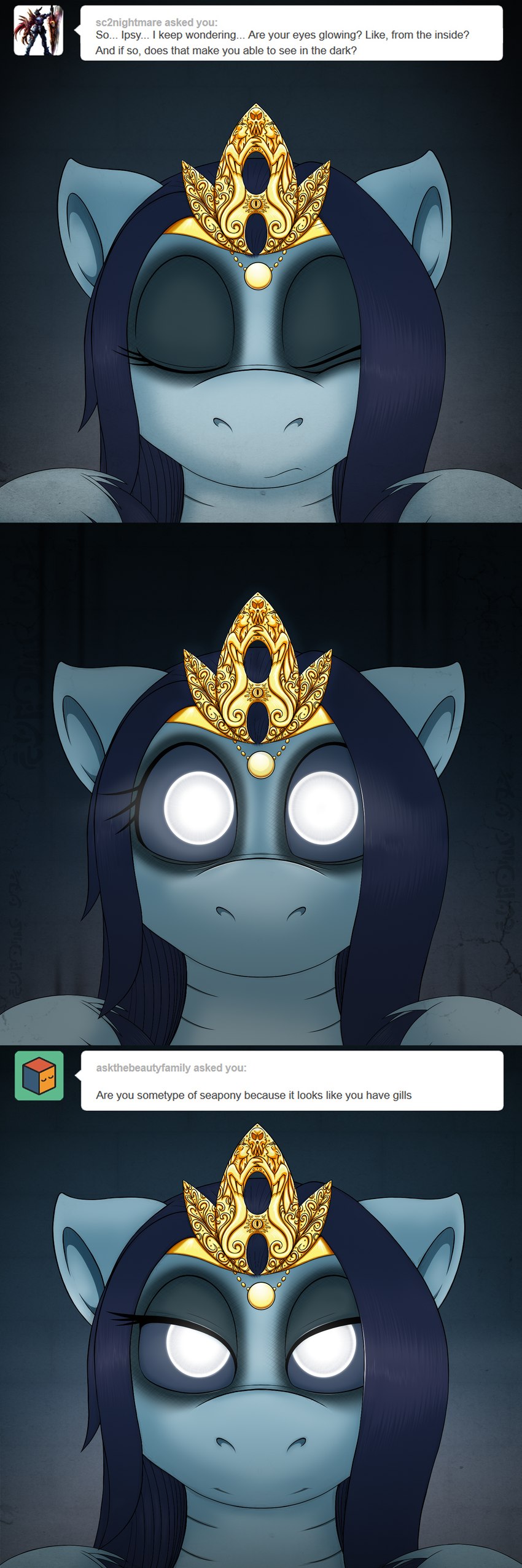 ask_blog crown female fur glowing glowing_eyes hair headgear jewelry text tiara drxii ask_ipsywitch hasbro my_little_pony tumblr ipsywitch equid equine horse mammal pony absurd_res digital_media_(artwork) english_text hi_res