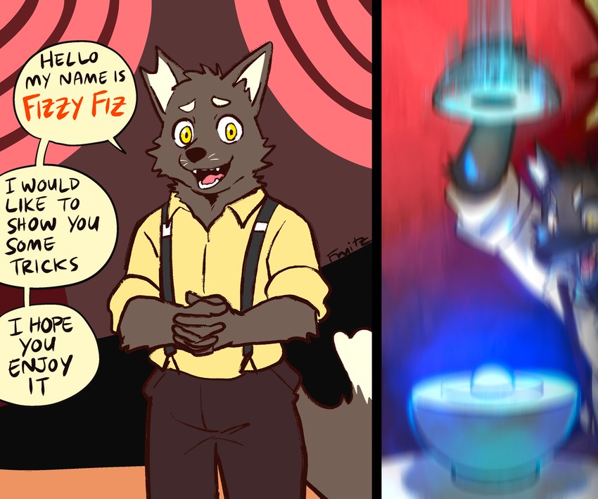 anthro biped black_body black_fur cherenkov_radiation clothed clothing eyebrows fingers fur greeting humor male open_mouth open_smile smile solo text yellow_eyes fruitz demon_core fiz_(fruitz) canid canine fox mammal english_text hi_res