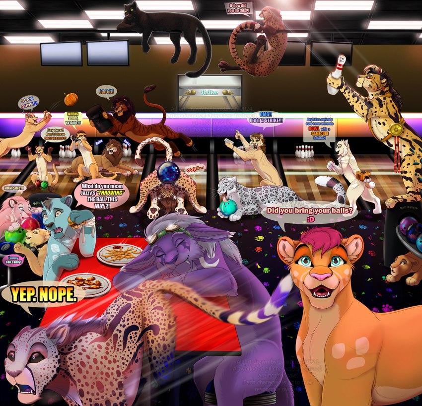 arcade_carpet ball_machine ball_return basketball black_body black_fur black_nose black_sclera blue_body blue_eyes blue_fur bowling bowling_alley bowling_ball bowling_pin bowling_pins brown_body brown_fur brown_hair brown_mane burger carpet carpeted_floor ceiling ceiling_lamp ceiling_tiles chaos cheese cheetah_spots chicken_wings collar controller countershading dairy_products dark_mane docked_tail ear_piercing ear_tuft electronics facial_markings fangs female feral floor food fries fruit fur furniture game_console game_controller gamecube_console gamecube_logo gesture grey_nose group gutter haha hair hair_bun hand_gesture head_markings head_tuft humor inner_ear_fluff innuendo jumping lamp led_light lens_flare leopard_spots licking lights male male/female mane markings medal medallion mottled mottled_body mottled_fur mottled_skin neckmane nintendo_controller oops piebald piebald_body piebald_fur piebald_skin piercing pink_body pink_fur pink_hair pink_mane pink_nose plant pointing pointing_up pumpkin purple_body purple_fur ribbons running running_away sabertooth_(anatomy) screen senu_(kouvinxx) short_tail sitting sitting_on_ground speech_bubble spots stool striped_markings stripes table tail tan_body tan_countershading teal_eyes tear_(marking) teeth television terrkar_(raptorzzs) text the_circle_of_life tongue trash_can tuft wall_(structure) wii_remote wood wood_floor yellow_body yellow_fur conditional_dnp lynxbrush disney gamecube nintendo pokemon the_lion_king wii alnarra amabilia_(dark_wolf2018) aode_(asonix) avi_(avizara77) bahati_whiteclaw caesar_(dark_wolf2018) fan_character jazzy_(avizara77) jumwo kier_ish kieran kuwinda_(mlinzi) mula_(dark_wolf2018) saffus_(backlash91) skan_drake timber_(lynxbrush) tsatu_(raptorzzs) yuri'tab_(raptorzzs) canada_lynx cheetah cougar felid feline generation_2_pokemon king_cheetah legendary_pokemon leopard lion lynx mammal pantherine pokemon_(species) prehistoric_species saber-toothed_tiger smilodon suicune tiger plates_(disambiguation) absurd_res english_text hi_res