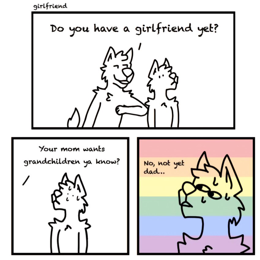 3_panel_comic anthro awkward bodily_fluids chest_tuft closeted dialogue dot_eyes duo elbow_bump fur humor lgbt_pride male pride_colors rainbow_pride_colors smile sweat sweatdrop text tuft stinkycoobs canid canine canis mammal wolf 1:1 2023 absurd_res comic english_text hi_res meme