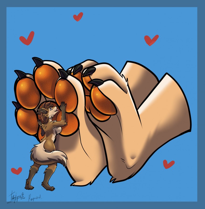 4_toes anthro big_dom_small_sub black_claws black_nails blue_background breasts brown_body brown_fur claws colored_nails countershading dominant duo extreme_size_difference feet female female_licking_male foot_fetish fur hand_on_foot heart_symbol hearts_around_body hearts_around_foot intimate larger_male male male/female massaging multicolored_body multicolored_fur nails orange_pawpads pawpads paws pink_tongue rubbing_feet simple_background size_difference smaller_female soles tail tan_body tan_fur toes tongue tongue_out tatujapa flint_(pindle) kara_(sdis78) canid canine canis fox mammal wolf hi_res