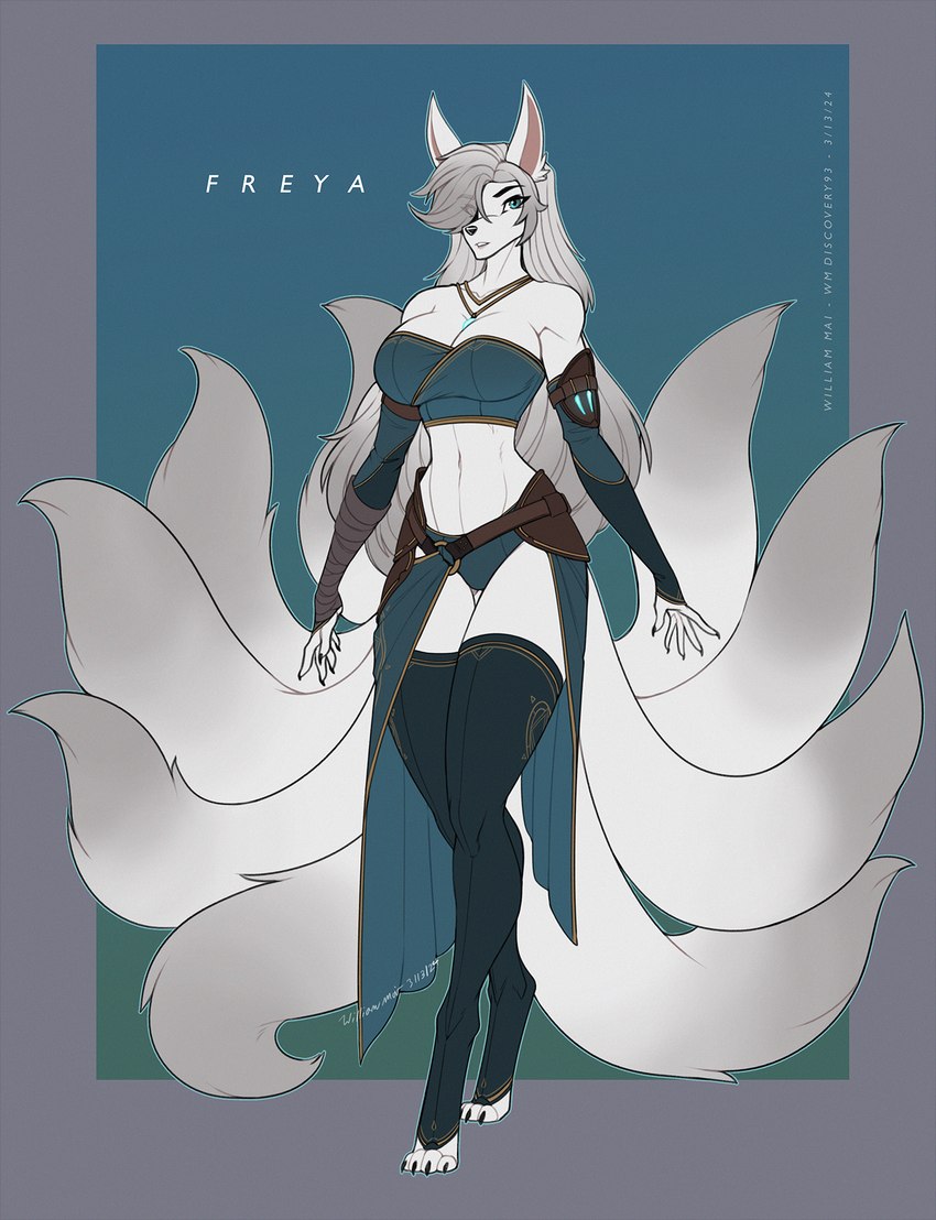 anthro blue_eyes bottomwear breasts cleavage clothed clothing elbow_sleeves female fur jewelry legwear loincloth multi_tail necklace panties stockings tail underwear white_body white_fur wmdiscovery93 frey_(lotusgarden) canid canine fox mammal digital_media_(artwork) hi_res