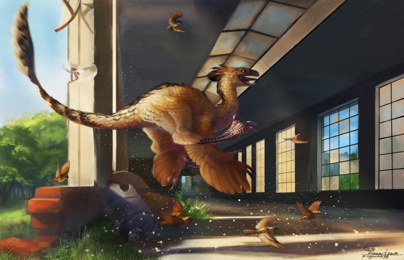 action_pose beak feathered_wings feathers feet feral group jumping pose sharp_teeth solo_focus talons teeth toes wings pinguinolog tach achillobator avian bird dinosaur prehistoric_species reptile scalie 2016 digital_media_(artwork) digital_painting_(artwork) hi_res