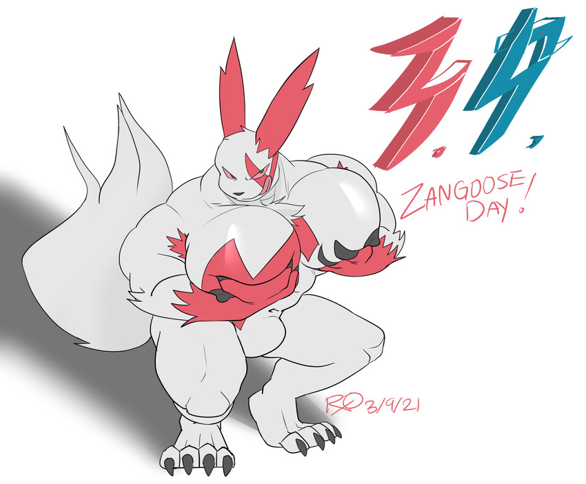 anthro barefoot big_pecs bulge claws feature feet fur huge_pecs licking licking_lips licking_own_lips male nipples nude pecs red_body red_eyes red_fur self_lick solo tail text tongue tongue_out white_body white_fur rxq nintendo pokemon pokemon-specific_day zangoose_day generation_3_pokemon mammal pokemon_(species) zangoose 2021 absurd_res dated english_text hi_res