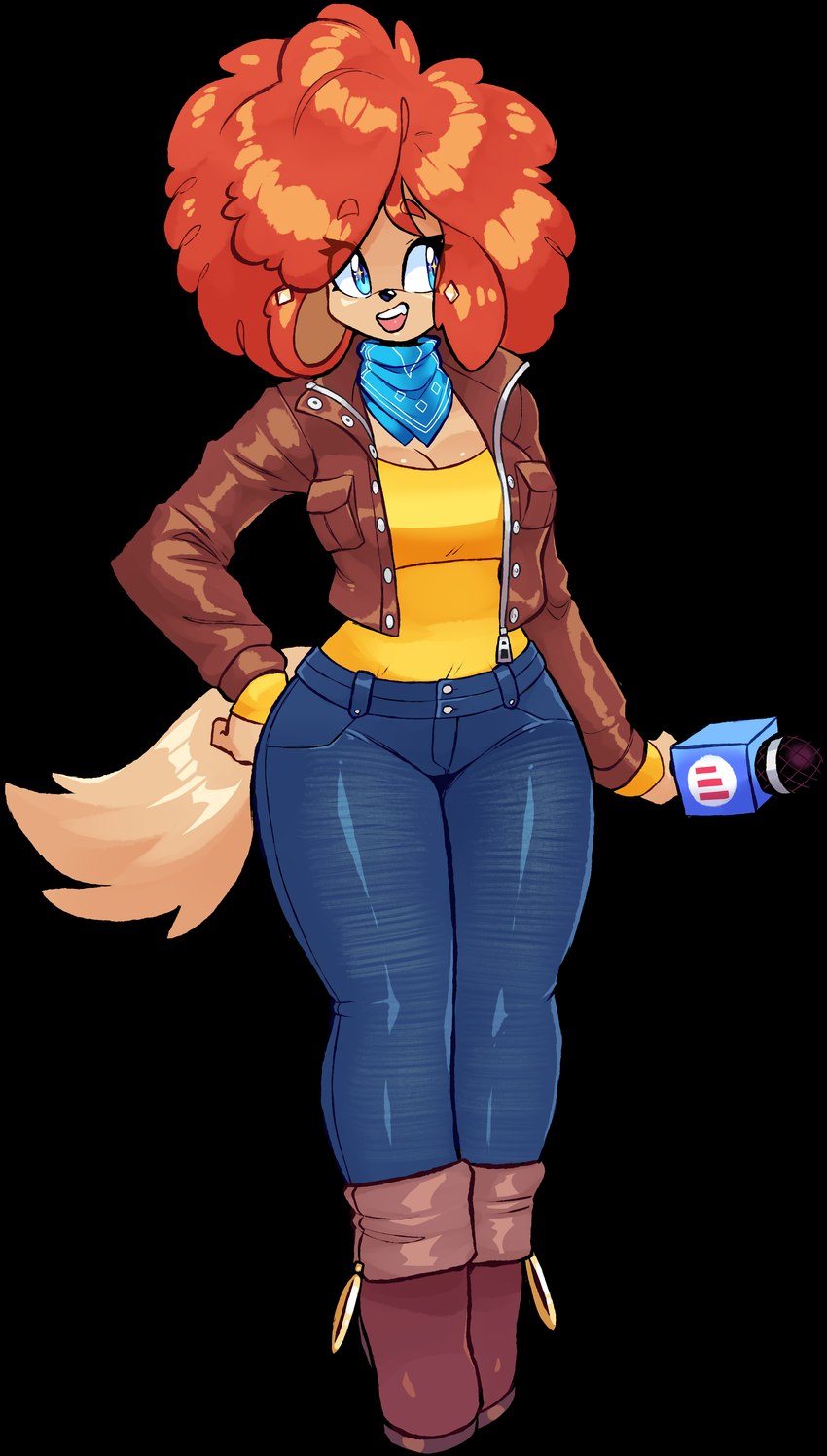 anthro big_breasts blue_eyes blue_scarf boots bottomwear breasts brown_body brown_boots brown_clothing brown_footwear brown_fur brown_jacket brown_topwear clothed clothed_anthro clothed_female clothing denim denim_bottomwear denim_clothing electronics female fluffy fluffy_tail footwear fur hair jacket jeans microphone orange_hair pants scarf shoes solo tail topwear yellow_clothing yellow_topwear jamoart pepper_page canid canine canis domestic_dog mammal 2024 absurd_res alpha_channel hi_res