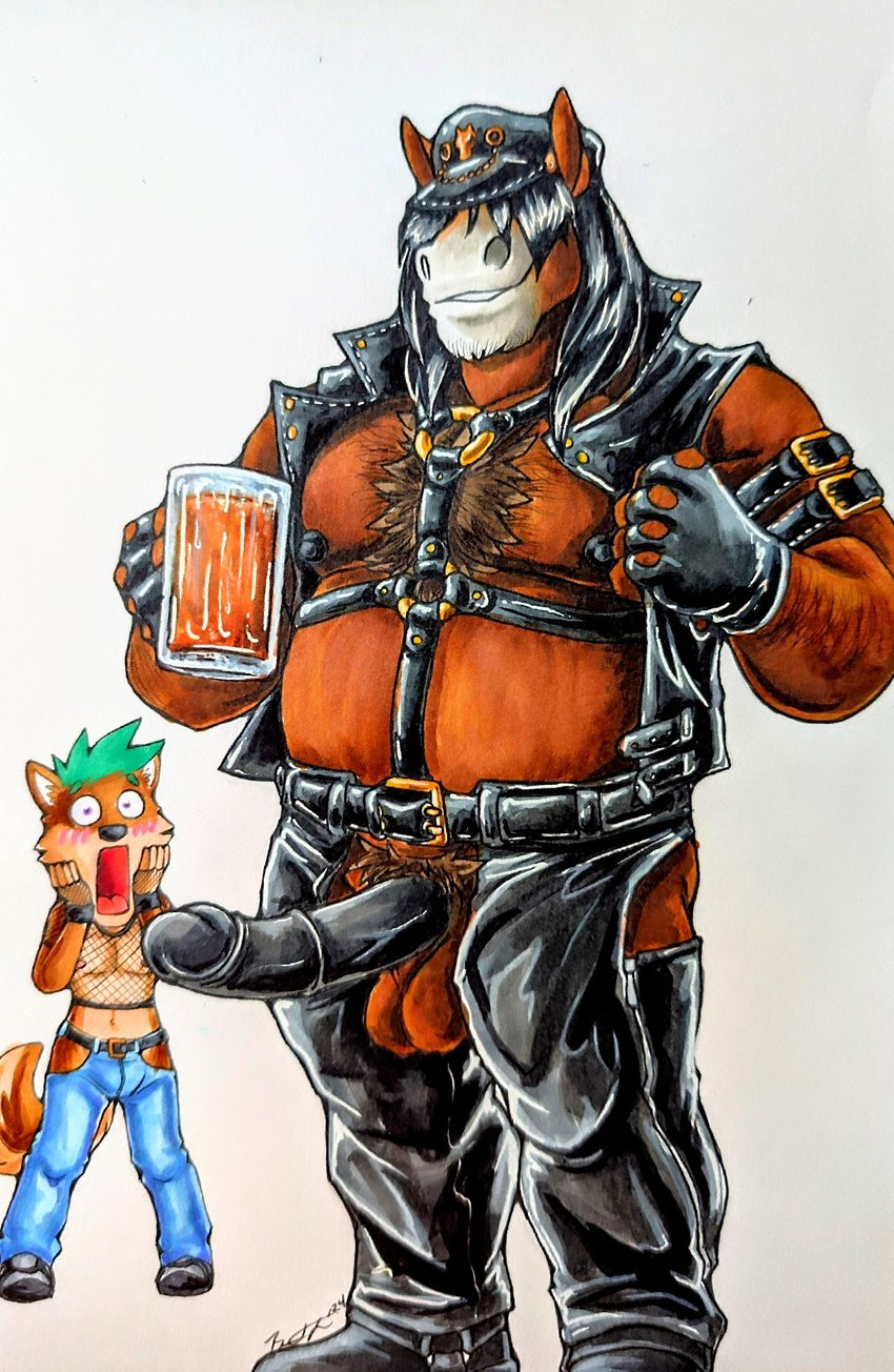 alcohol anthro arm_hair armband balls beer beer_mug belt beverage biceps black_hair black_nipples black_penis blush body_hair bottomwear brown_hair butt chest_hair clothed clothing denim denim_bottomwear denim_clothing duo erection femboy fingerless_gloves fishnet_clothing fishnet_topwear forearm_hair forearms genitals gloves grin hair hair_over_eyes hairy hand_on_cheek handwear harness hat hat_over_eyes headgear headwear jeans leather leather_chaps leather_clothing leather_daddy leather_harness leather_hat leather_headgear leather_headwear leather_topwear leather_vest male male/male manly mature_male medial_ring musclegut muscular navel nipples open_bottomwear open_clothing open_pants open_topwear open_vest pants pecs penis pubes simple_background slightly_chubby smile standing stare topwear vein veiny_penis vest white_background wide_eyed foxfurries canid canine equid equine horse mammal 2024 hi_res