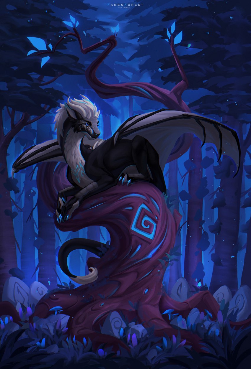 claws feral looking_at_viewer lying on_front outside plant sitting snaggle_tooth solo tail tail_tuft tree tuft twilight wings farenforest mythology dragon mythological_creature mythological_scalie scalie hi_res