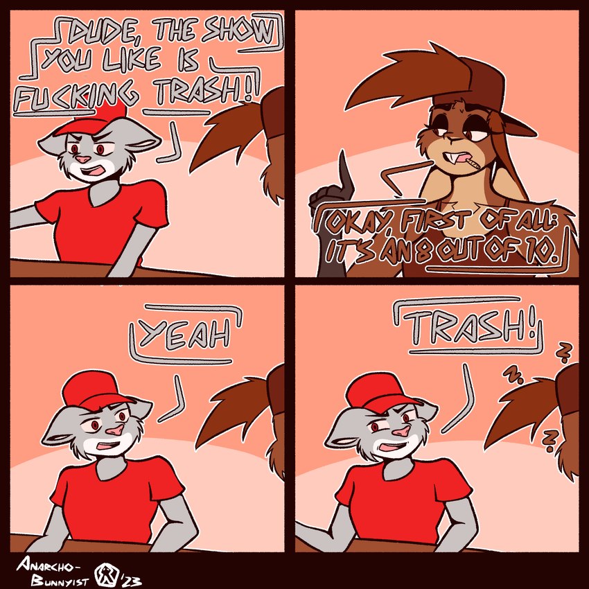 4_panel_comic ambiguous_gender angry annoyed anthro backwards_baseball_cap backwards_hat baseball_cap brown_clothing brown_eyes brown_shirt brown_tank_top brown_topwear buckteeth cheek_tuft clothing confusion dialogue drugs duo facial_tuft hat headgear headwear humor male marijuana marijuana_blunt question_mark red_clothing red_eyes red_shirt red_topwear shirt t-shirt tank_top teeth text topwear tuft anarcho-bunnyist iggys_the_bunnytaur ambiguous_species lagomorph leporid mammal rabbit 1:1 2023 comic english_text hi_res nonbinary_(lore)