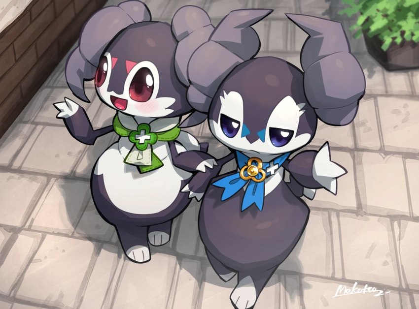 black_body clothing duo eyes_closed female male open_mouth outside scut_tail sexual_dimorphism short_tail slightly_chubby smile tail walking white_body wide_hips window makotoo nintendo pmd:_icma pokemon pokemon_mystery_dungeon spike_chunsoft alpine_(icma) hydrain_(icma) generation_8_pokemon indeedee pokemon_(species) signature