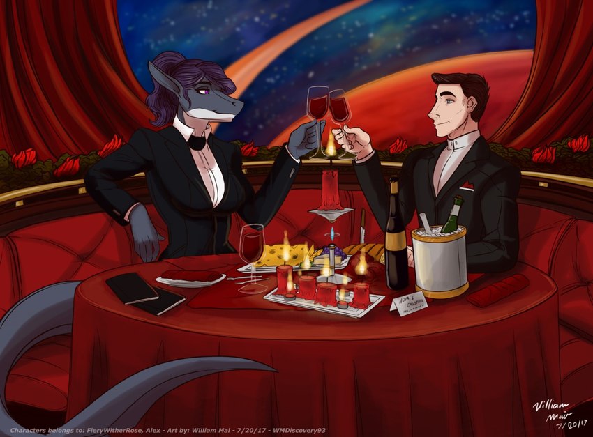 abstract_background alcohol anthro beverage black_tie_(suit) breasts clothed clothing dinner duo female food fruit furniture hair long_hair male non-mammal_breasts plant sitting smile suit table text wine wmdiscovery93 fierywitherrose nova_whitesail fish marine shark 2017 digital_media_(artwork) english_text