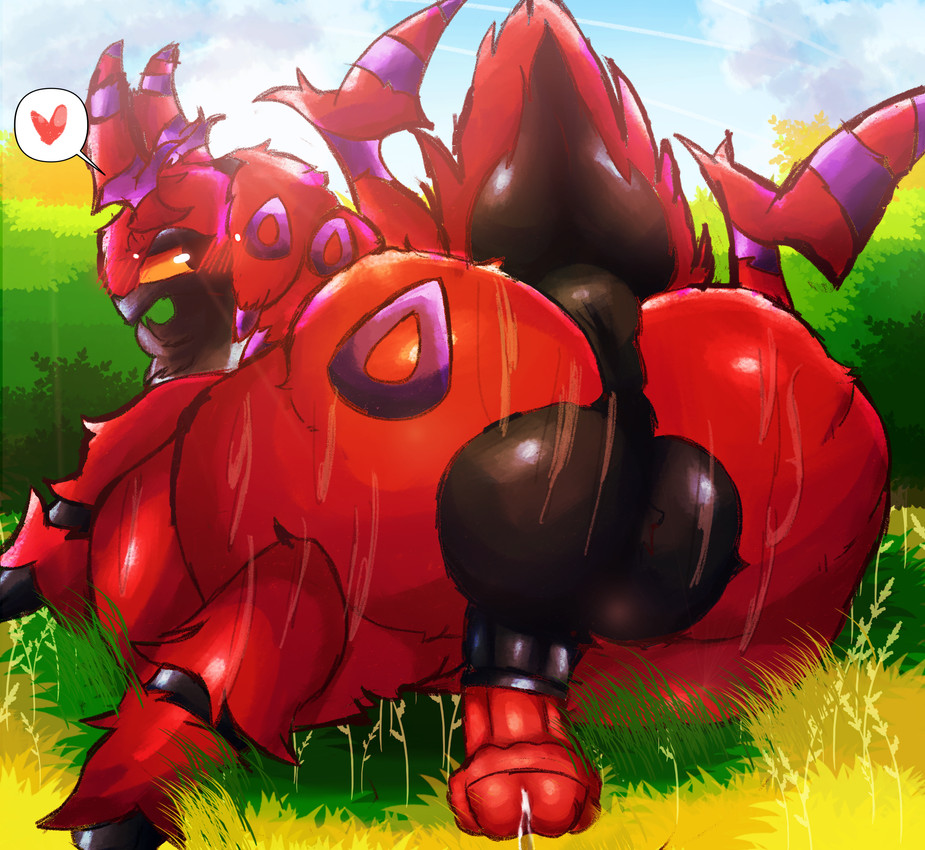 animal_genitalia animal_penis anus backsack balls big_anus big_balls black_balls black_eyes bodily_fluids butt cloud dripping equine_genitalia equine_penis feral fluffy fluffy_butt fluffy_tail genital_fluids genitals glistening glistening_balls glistening_butt glistening_genitalia grass head_tuft huge_balls lying male markings meadow neck_tuft overweight overweight_feral overweight_male penis plant precum precum_drip puffy_anus purple_markings raised_tail shrub sky solo sweat sweatdrop sweaty_butt sweaty_legs sweaty_thighs tail thick_thighs tuft yellow_sclera felipotyphlosion nintendo pokemon fan_character arthropod centipede generation_5_pokemon myriapod pokemon_(species) scolipede hi_res