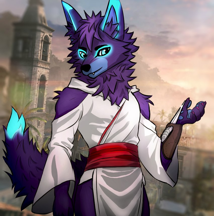 blade blue_body blue_eyes blue_fur clothed clothing dagger detailed_background fluffy fur glowing glowing_body glowing_eyes male melee_weapon purple_body purple_fur solo weapon wolfrayay assassin's_creed ubisoft cody_(wolfrayay) canid canine canis mammal wolf colored digital_drawing_(artwork) digital_media_(artwork) shaded