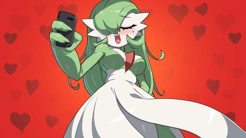 breasts eyelashes eyes_closed female fingers green_hair hair hair_over_eye heart_background holding_object medium_breasts one_eye_obstructed open_mouth red_background simple_background teeth tongue white_body white_breasts white_face white_skin drunk_oak nintendo pokemon gardevoir generation_3_pokemon humanoid pokemon_(species) 16:9 2023 hi_res widescreen