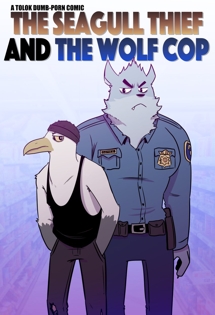 anthro beak belt biped bottomwear claws clothed clothing criminal duo enemies_to_lovers fangs fingers fur male pants police police_officer police_uniform robber robbery teeth text thief thug uniform t0l0k colson_(t0l0k) theo_(t0l0k) avian bird canid canine canis gull lari larid mammal wolf comic english_text hi_res