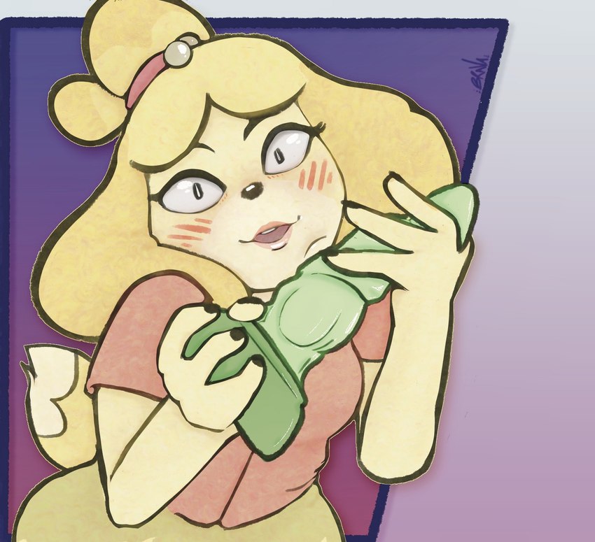 anthro blonde_hair blush clothed clothing dildo dragon_dildo female front_view green_dildo hair holding_dildo holding_object holding_sex_toy looking_at_viewer sex_toy solo yellow_body bbravaa animal_crossing nintendo isabelle_(animal_crossing) canid canine canis domestic_dog mammal shih_tzu toy_dog 2021 half-length_portrait hi_res portrait