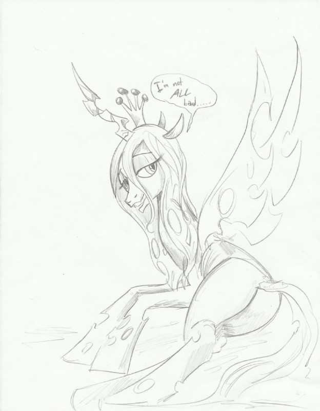 butt digitigrade female feral hole_(anatomy) horn insect_wings looking_at_viewer presenting seductive solo tail wings thefishe77 friendship_is_magic hasbro my_little_pony queen_chrysalis_(mlp) arthropod changeling 2012 monochrome sketch