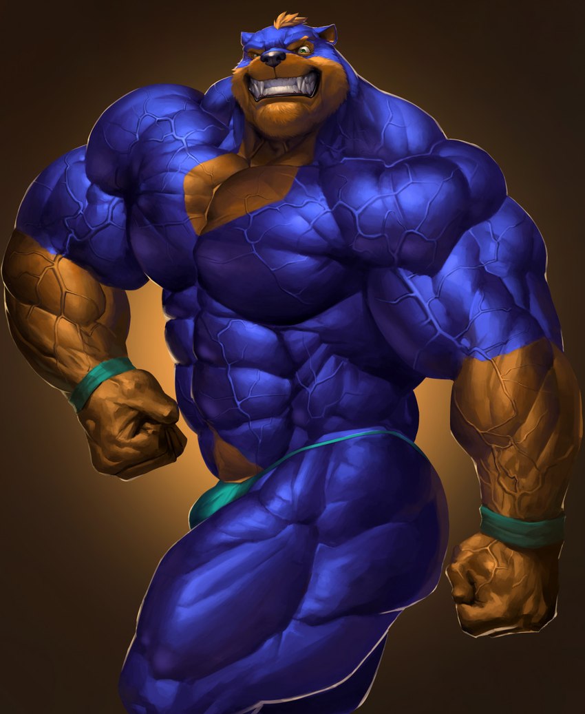 5_fingers anthro barazoku big_biceps big_muscles big_pecs black_nose blue_body blue_fur brown_body brown_fur bulge clothed clothing fingers flexing fur green_eyes huge_muscles humanoid_hands male multicolored_body multicolored_fur muscular muscular_anthro muscular_male pecs pose simple_background snarling solo speedo swimwear thick_neck thick_thighs topless two_tone_body two_tone_fur vein veiny_abs veiny_arms veiny_chest veiny_hands veiny_muscles veiny_neck veiny_pecs wristband echin maximus_ursus bear mammal 2022 hi_res