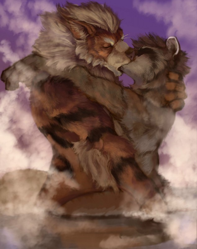 anthro anthro_on_anthro black_nose duo fluffy french_kissing interspecies kissing male male/male mane standing steam water eyrich nintendo pokemon arcanine canid canine generation_1_pokemon mammal pokemon_(species) hi_res