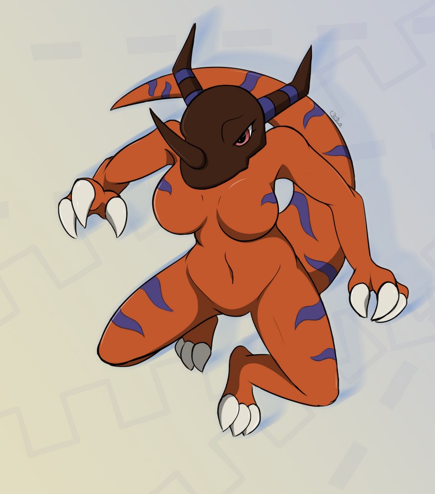 abstract_background anthro big_breasts bone breasts claws female mask skull skull_mask solo stripes creature71 bandai_namco digimon digimon_(species) greymon scalie hi_res