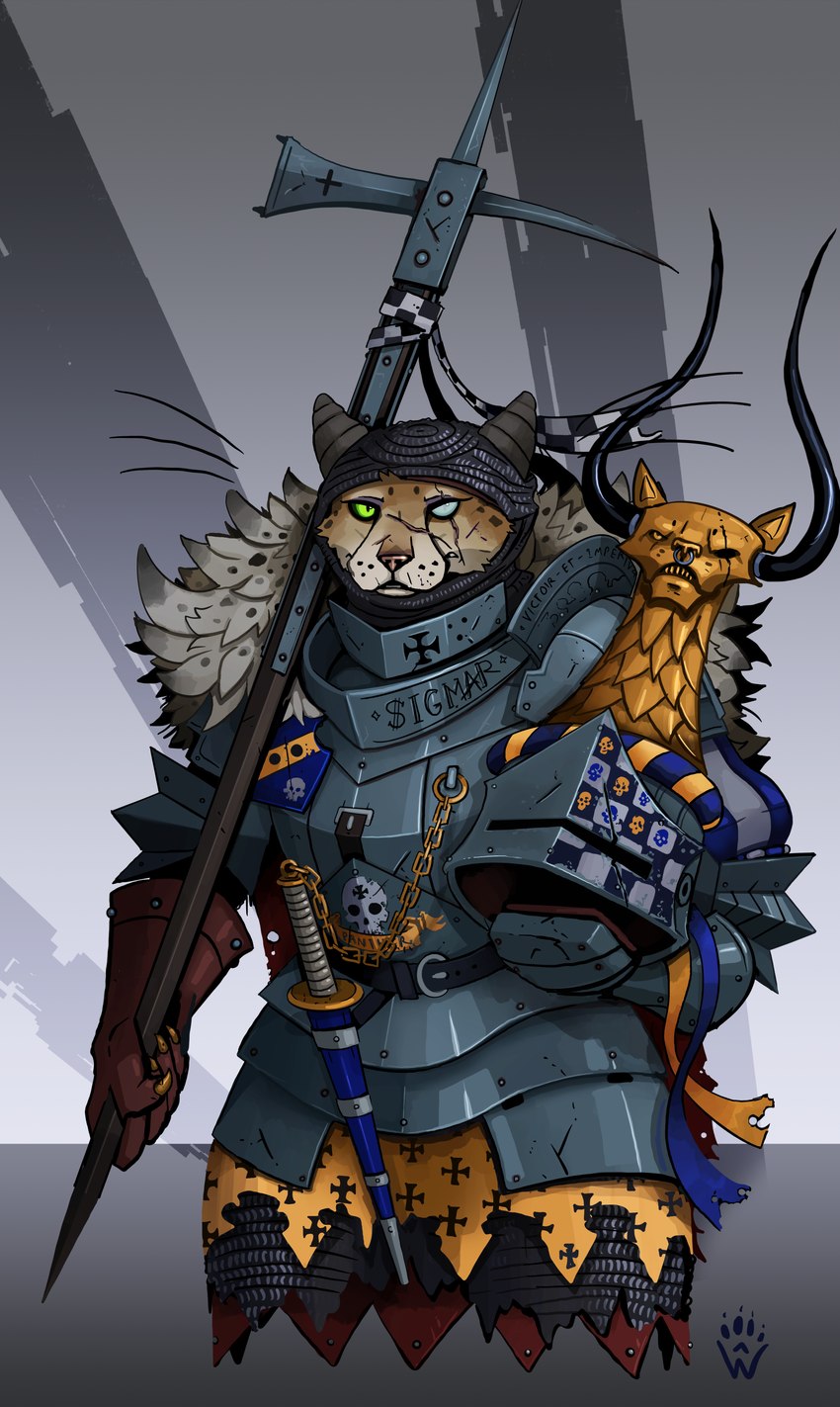 ambiguous_gender anthro armor bone chain clothed clothed_anthro clothed_female clothing eye_scar facial_scar fur gloves green_eyes halberd handwear headgear helmet looking_at_viewer melee_weapon polearm scar skull skull_head solo weapon yellow_body yellow_fur wolfdawg age_of_sigmar warhammer_(franchise) felid mammal pantherine 2025 absurd_res hi_res female_(lore)